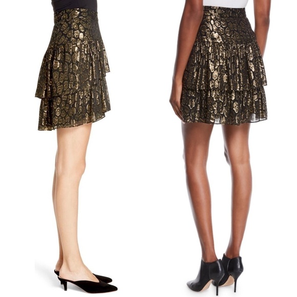 ALICE + OLIVIA Silk Metallic Shimmer Leopard Jacquard Ruffle Tier Mini Skirt 0 - Picture 3 of 9